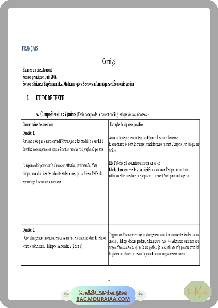 Corrigé principale francais Bac 2016 – Section math
